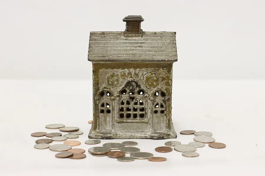 Main image of Victorian Antique Painted Cast Iron "Bank" Coin Bank