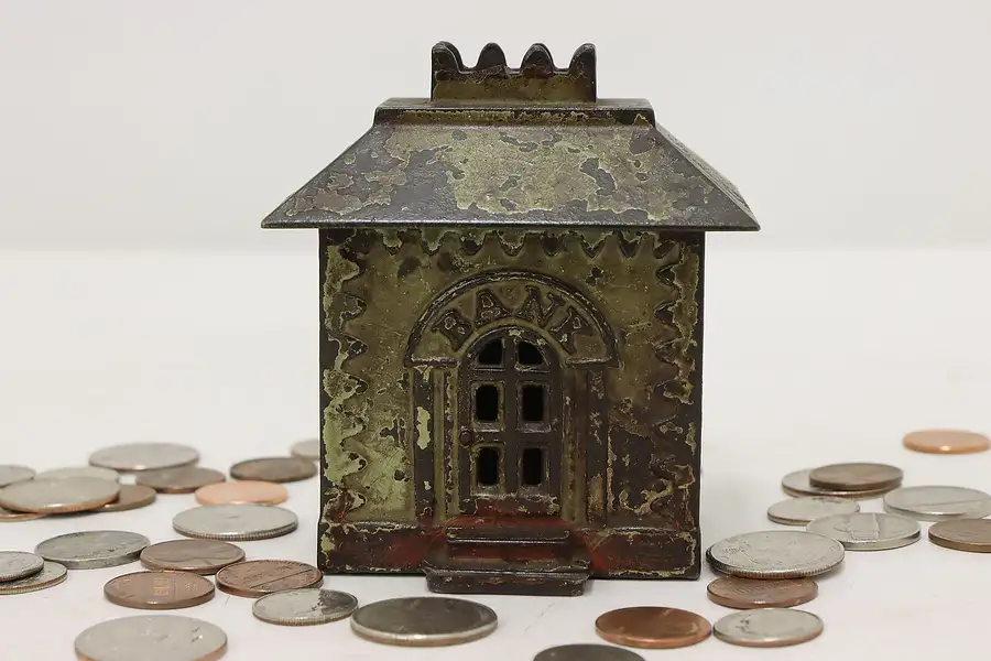 Main image of Traditional Antique Painted Cast Iron "Bank" Coin Bank