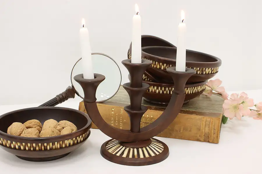 Main image of Set of 4 Vintage Walnut & Porcupine Quill Bowls & Candelabra