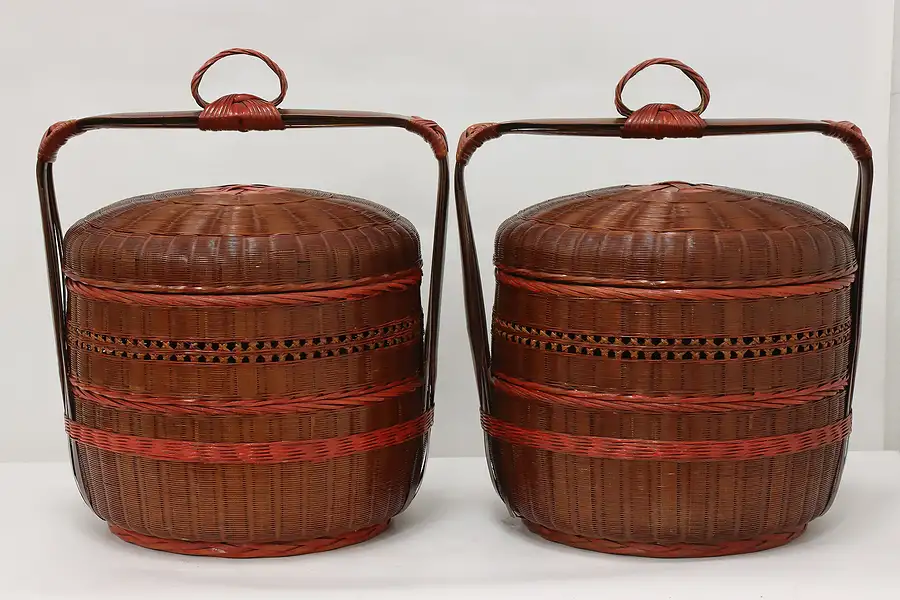 Main image of Pair of Vintage Chinese Lunch or Picnic Woven Baskets