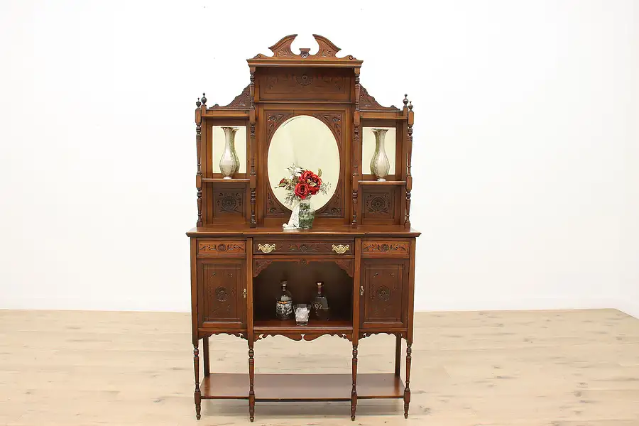 Main image of Art Nouveau Antique Carved Mahogany Etagere Display or Bar