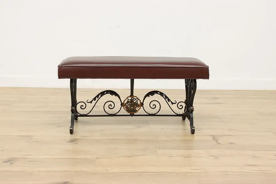 Main image of Spanish Colonial Ship Design Wrought Iron & Leather Bench