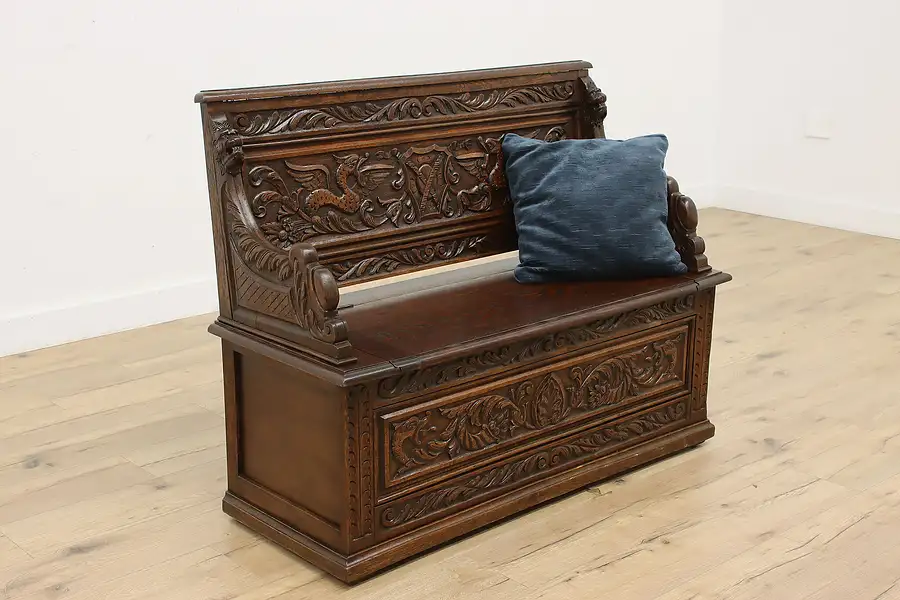 Main image of Renaissance Antique Oak Hall Bench, Carved Lions, Storage