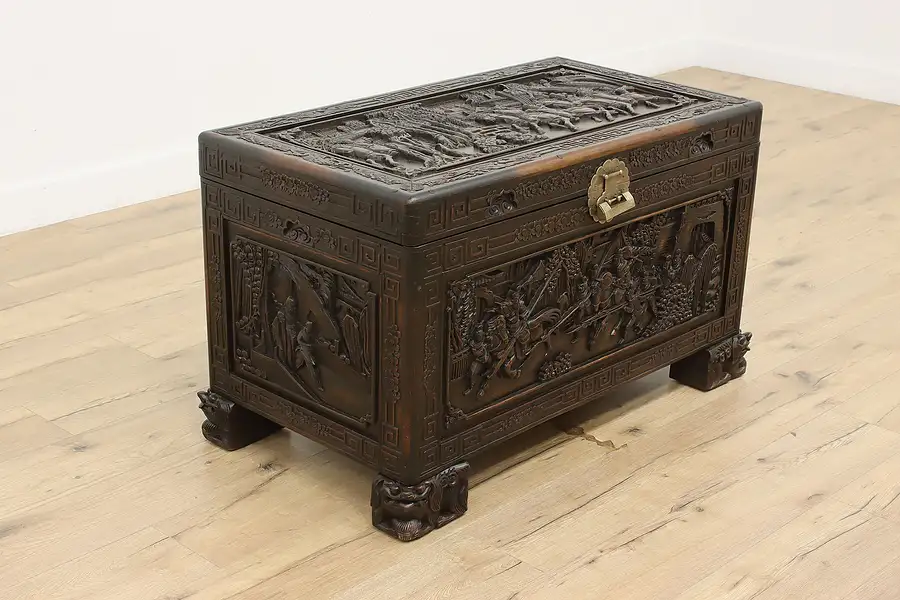 Main image of Chinese Teak Vintage Trunk or Chest, Carved Warriors, Medan