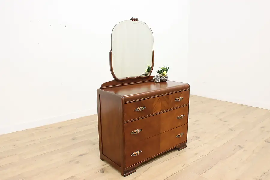 Main image of Art Deco Vintage Walnut Waterfall Dresser or Chest & Mirror