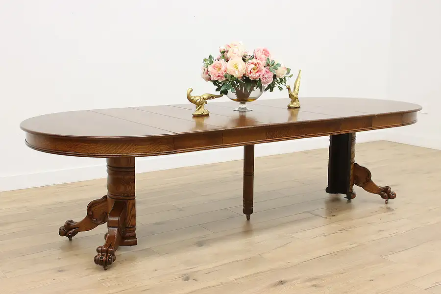 Main image of Victorian Antique 45" Round Oak Dining Table Extends 117"