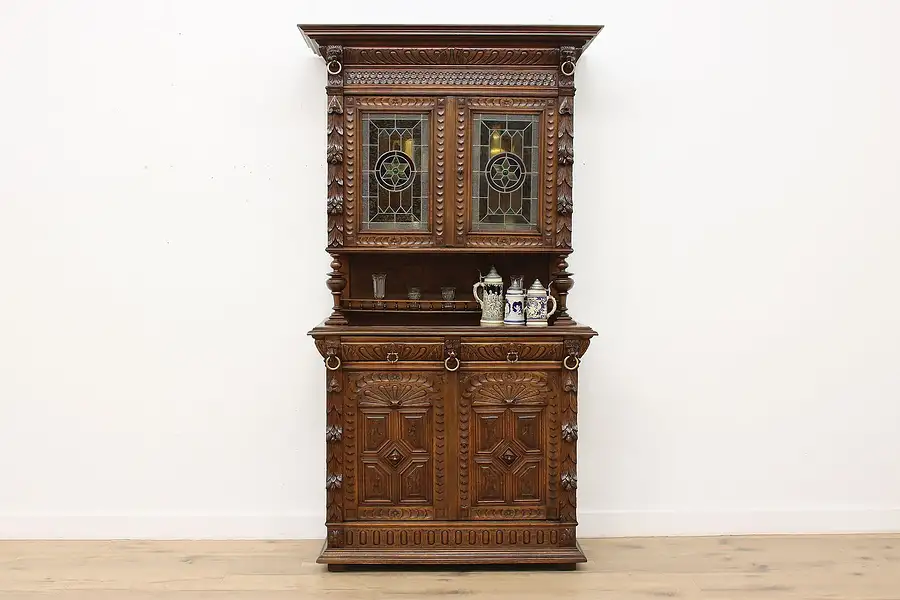 Main image of Black Forest Antique Carved Oak & Stained Glass Bar Bookcase