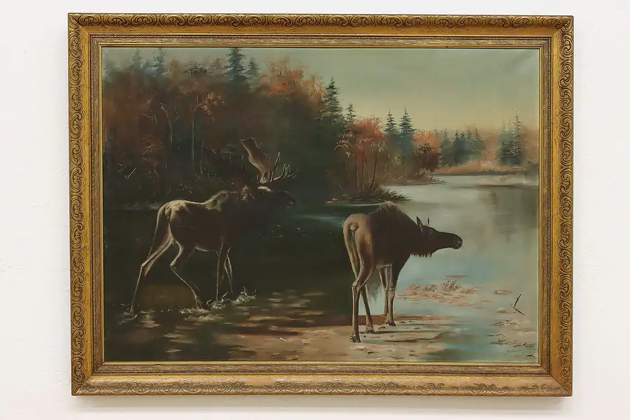 Main image of Moose Crossing River Antique Original Painting Higham 45.5"