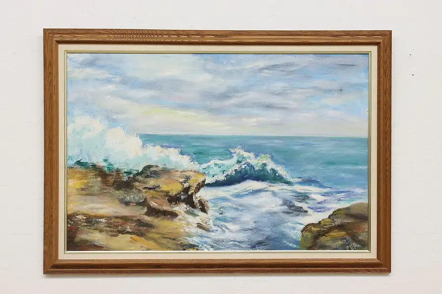 Main image of Rocky Shore with Waves Vintage Original Oil Painting Rea 41"