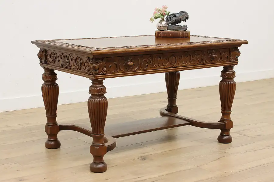 Main image of Victorian Antique Carved Oak Library Table Office Desk Lions