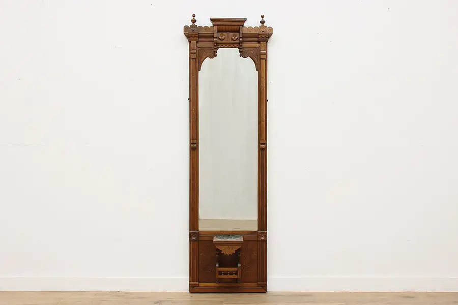 Main image of Victorian Eastlake Walnut & Marble Antique Pier Hall Mirror