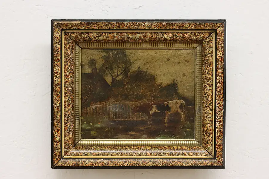 Main image of Victorian Barnyard Cows Antique Original Oil Painting 14.5"