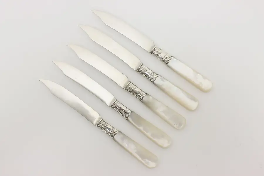 Main image of Set of 5 Victorian Antique Sterling & Pearl Cheese Knives LF