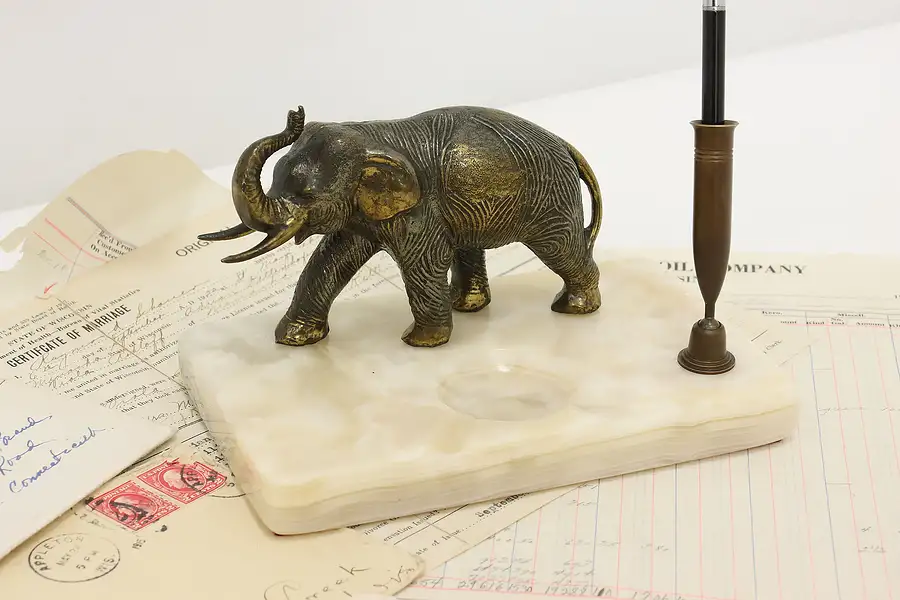 Main image of Elephant Sculpture Vintage Desktop Pen Holder, Onyx Base