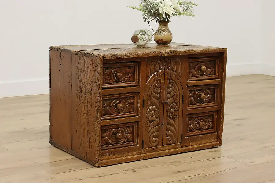 Main image of Asian Vintage Carved Pine Jewelry or Collector Cabinet