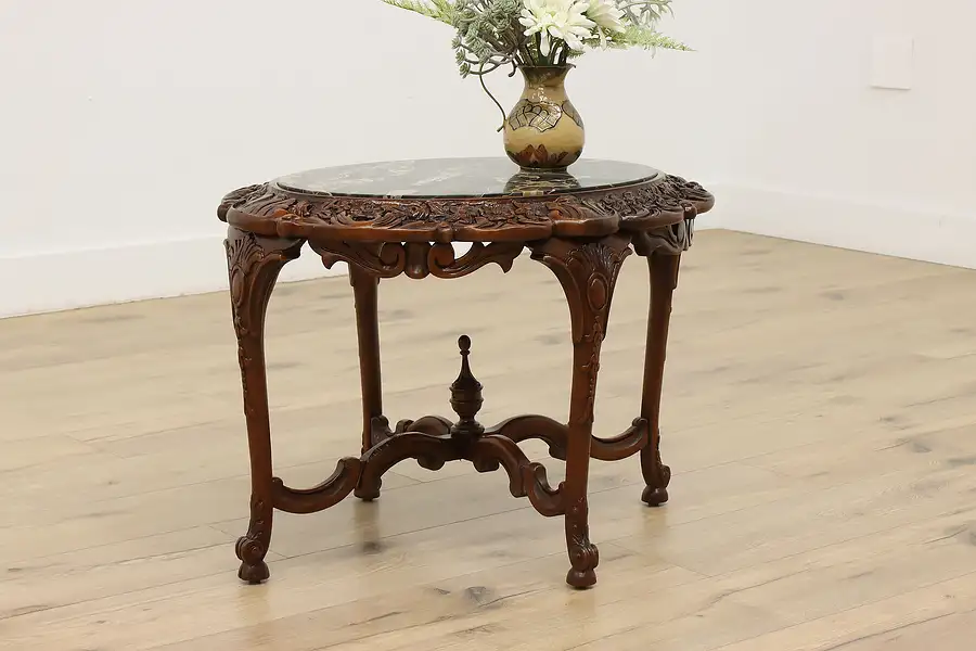 Main image of French Design Vintage Walnut & Marble Top Coffee End Table