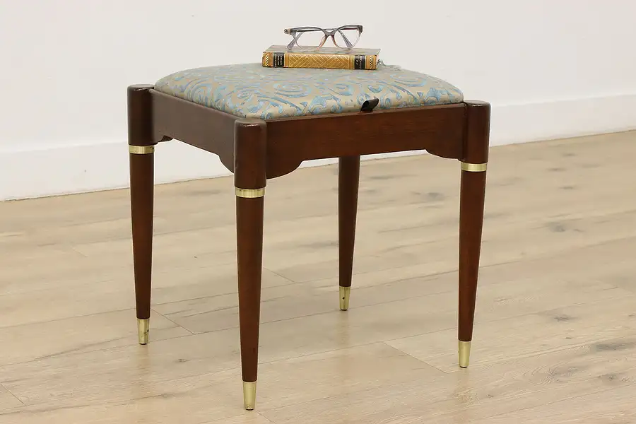 Main image of Midcentury Modern Vintage Walnut & Brass Bench Stool Storage