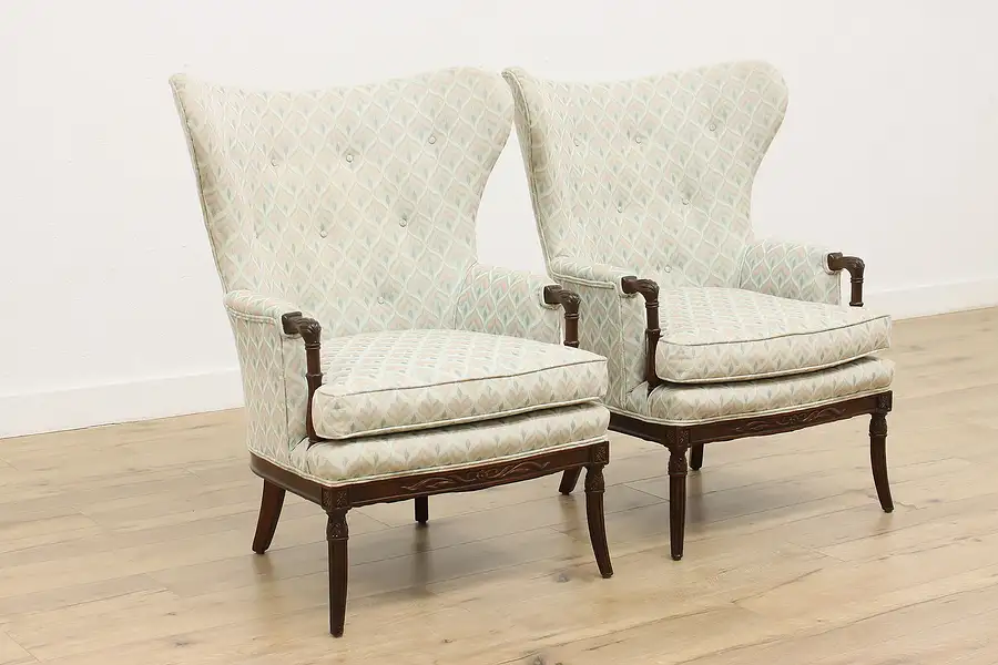 Main image of Pair of Art Deco Upholstered Fan Back Library Chairs