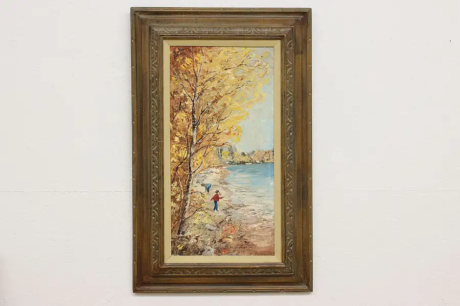 Main image of Autumn Lakeshore Vintage Original Oil Painting Macey 41"