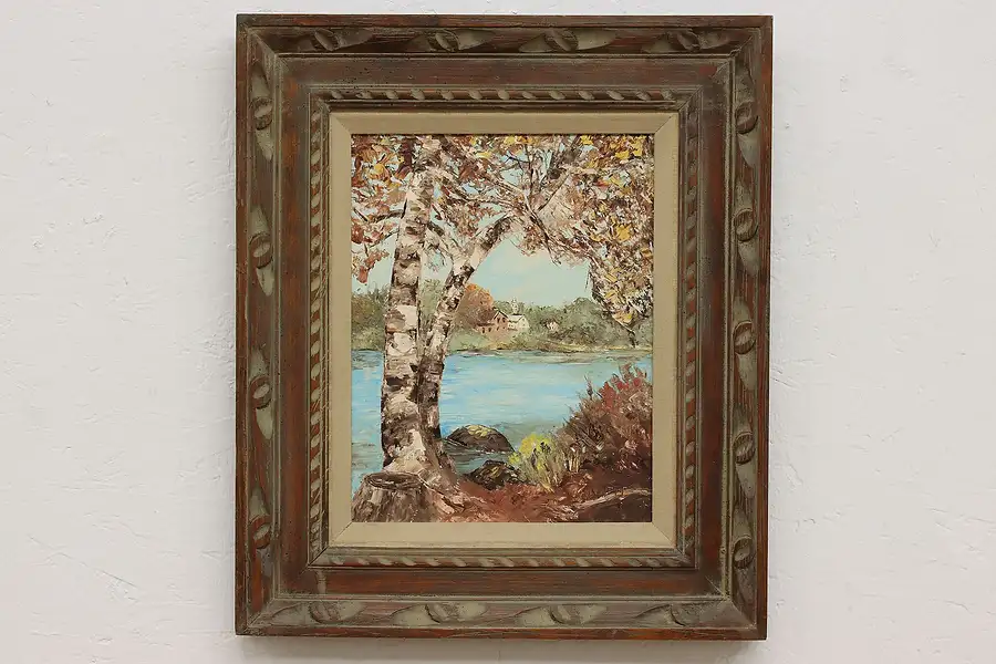 Main image of Forest Village & Lake Vintage Original Acrylic Painting 22"