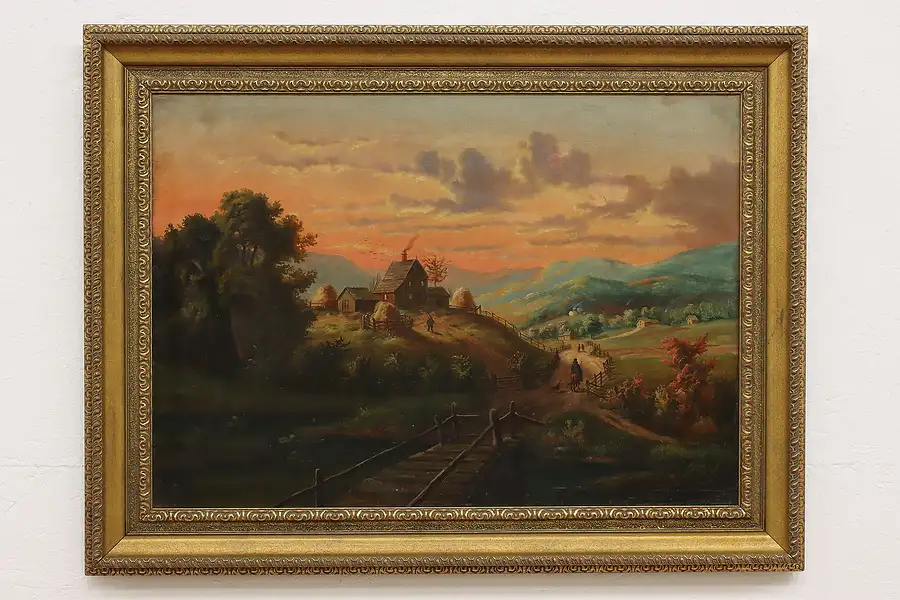 Main image of Country Sunrise Victorian Antique Original Oil Painting 42"