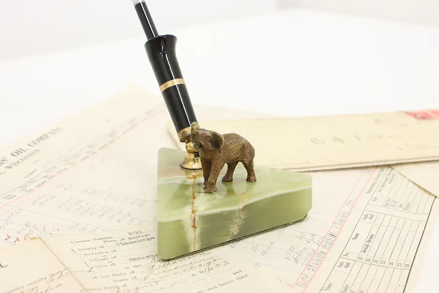 Main image of Bronze Elephant & Onyx Antique Desktop Pen Holder