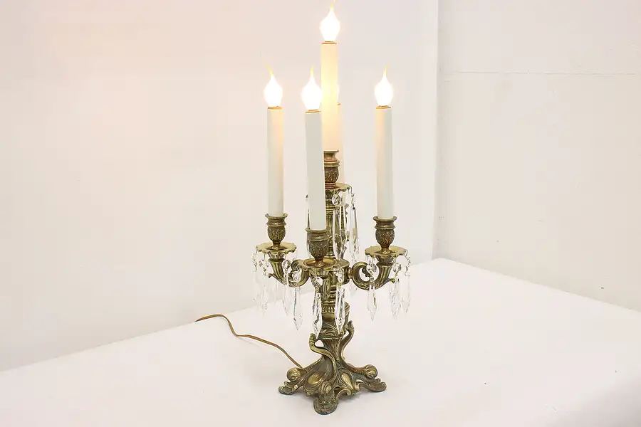 Main image of Italian Antique Brass & Crystal Candelabra, Flame Bulbs