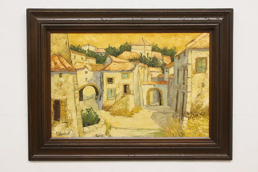 Main image of Village at Sunset Vintage Original Oil Painting Cabonbell 46"