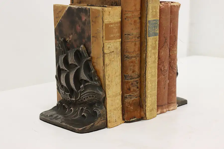 Main image of Pair of Antique Copper Finish Sailing Ship Library Bookends