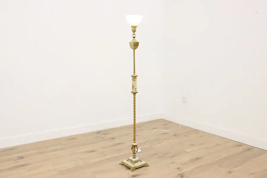 Main image of Victorian Antique Ornate Brass & Onyx Floor Lamp, Mosaic