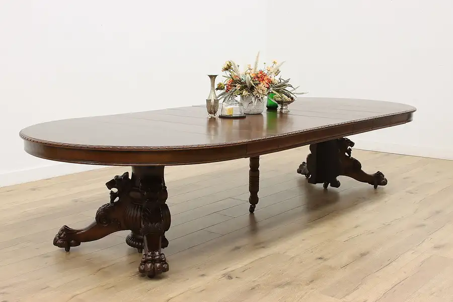 Main image of Victorian Antique 5' Round Oak 12' Dining Table Carved Lions