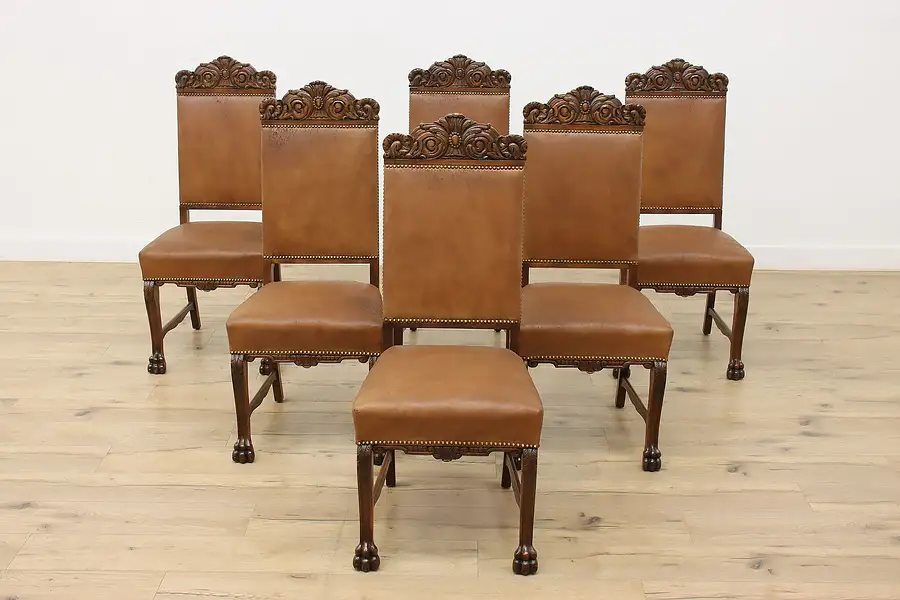 Main image of Set 6 Antique Renaissance Leather & Carved Oak Dining Chairs