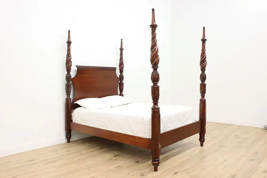 Main image of Georgian Vintage Carved Mahogany Poster Queen Bed Lexington