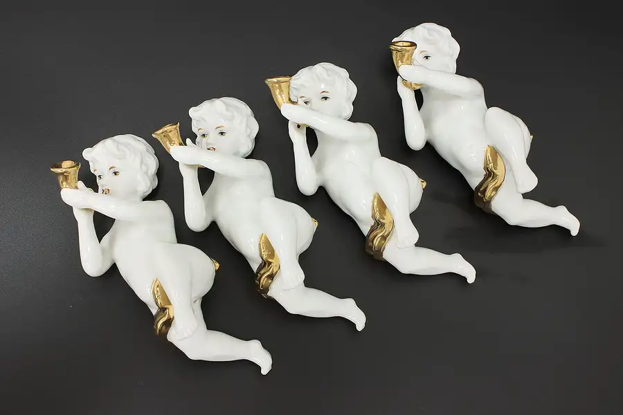 Main image of Set of 4 Vintage Gilt Porcelain Angels or Cherubs, Trumpets