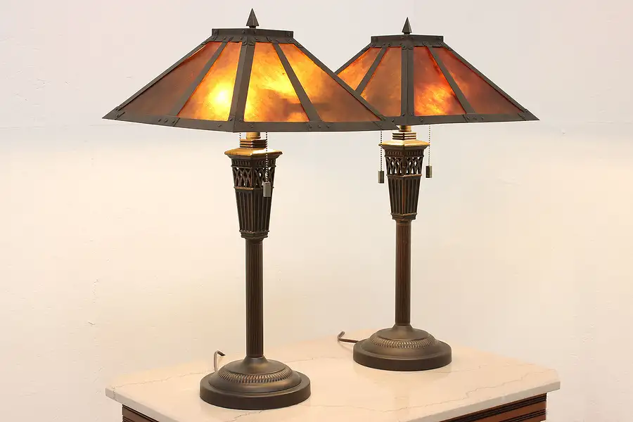 Main image of Pair of Craftsman Design Office or Library Lamps Mica Shades