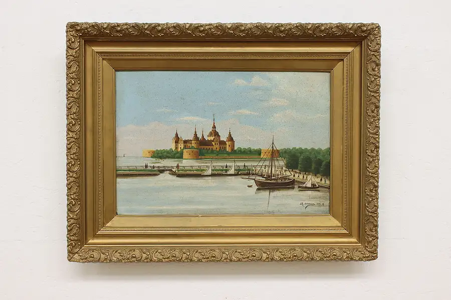 Main image of Kalmar Castle Sweden Antique 1899 Oil Painting Johansson 34"