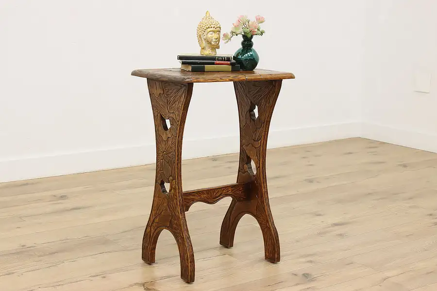 Main image of Asian Vintage Birch Lamp or Hall Table, Carved Flowers