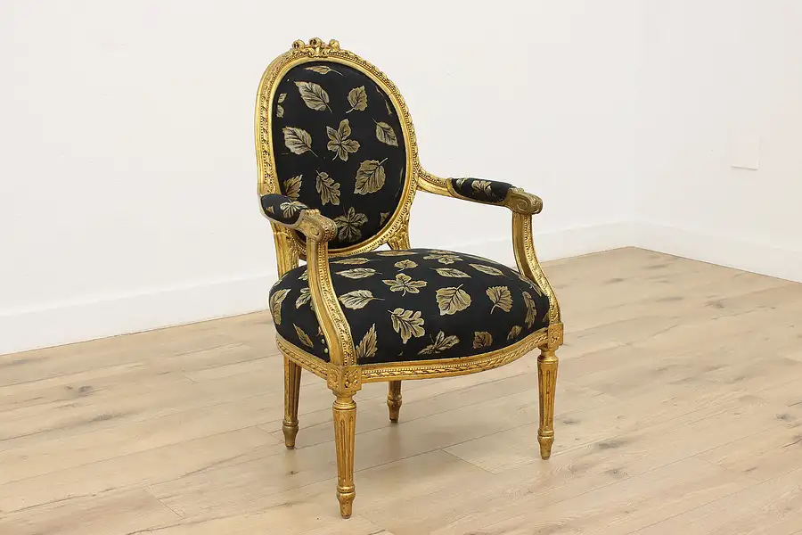 Main image of French Vintage Gilt Armchair, Carved Roses, New Upholstery