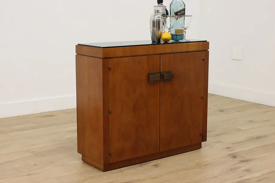 Main image of Midcentury Modern Vintage Walnut Bar Cabinet Black Glass Top