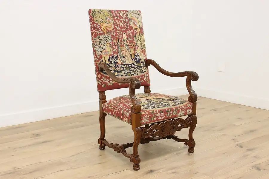 Main image of Renaissance Antique Unicorn Needlepoint Hall Throne Chair