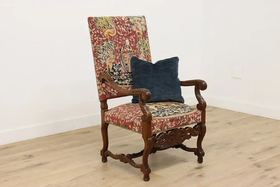 Main image of Renaissance Antique Unicorn Needlepoint Hall Throne Chair