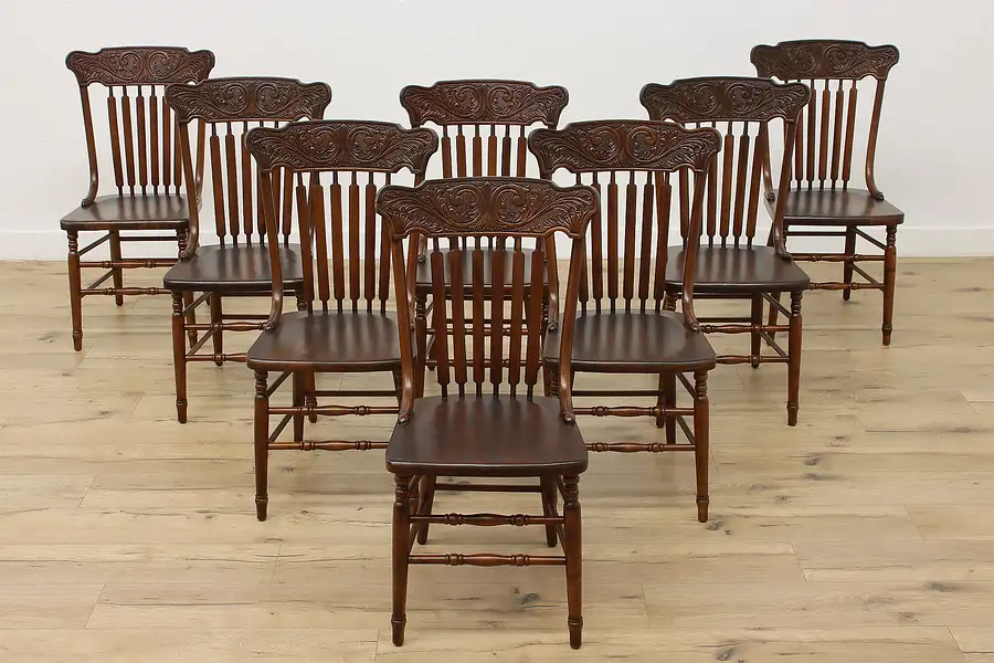 Main image of Set 8 Antique Farmhouse Carved Pressback Dining Chairs Signed