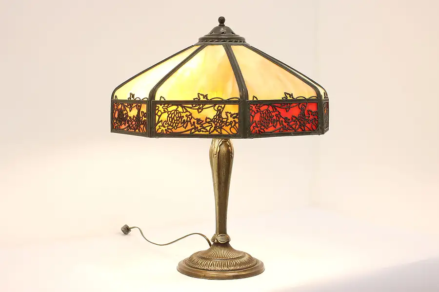 Main image of Art Nouveau Antique Stained Glass Shade Desk Lamp, Grapes