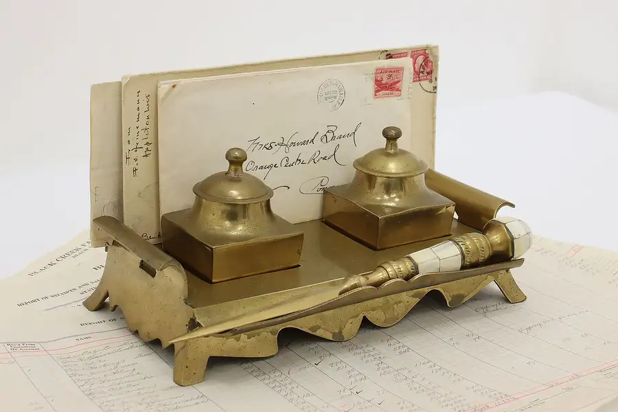 Main image of Brass Vintage Desktop Double Inkwell, India