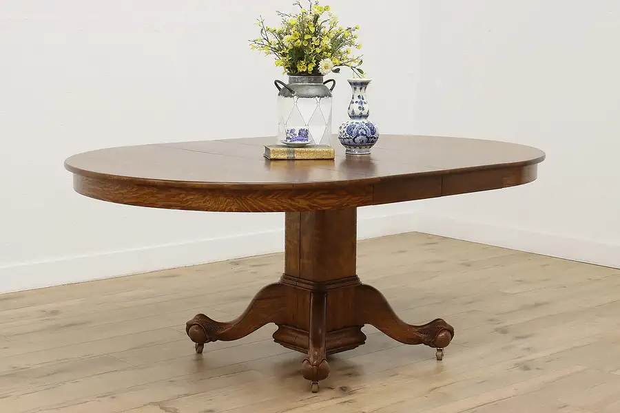 Main image of Victorian Antique Round 48" Oak Dining Table Opens 73"