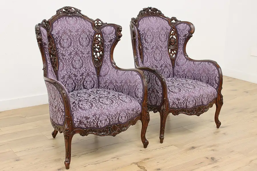 Main image of Pair French Design Vintage Carved Wingback Chairs New Fabric