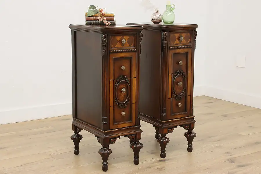 Main image of Pair English Tudor Walnut & Marquetry Nightstands End Tables