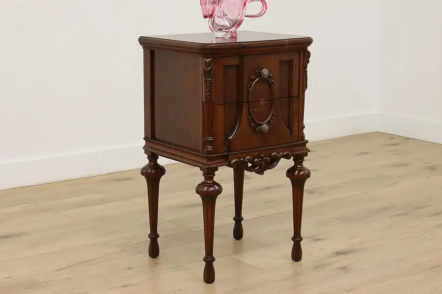 Main image of Tudor Antique Carved Walnut & Marquetry Nightstand End Table