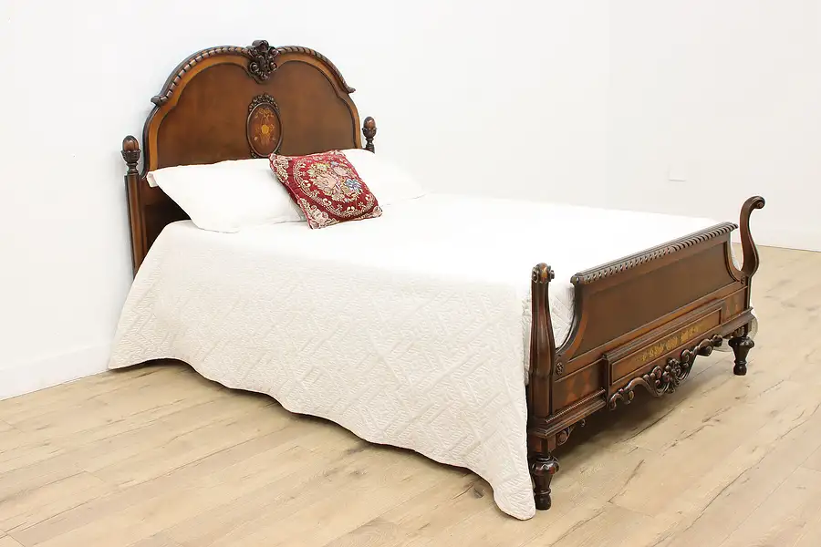 Main image of English Tudor Antique Walnut & Marquetry Full or Queen Bed