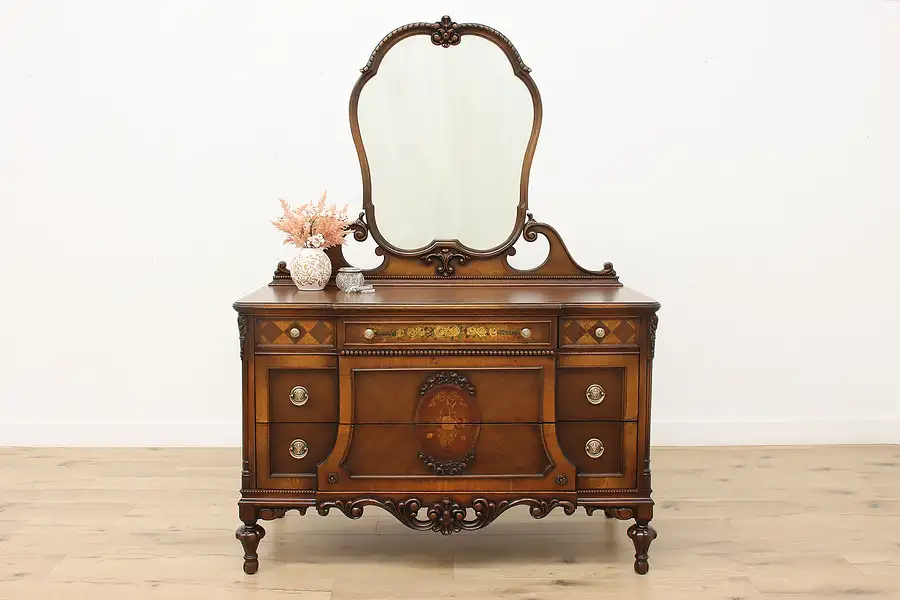 Main image of English Tudor Antique Walnut Marquetry Dresser Chest, Mirror